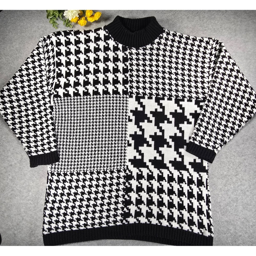 College Point Sweater Womens M Black White Houndstooth Patchwork Mock Neck 80s